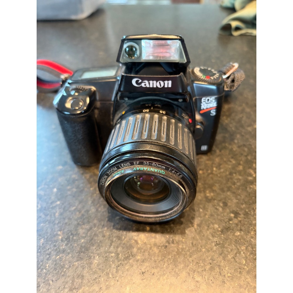 vintage Canon EOS Rebel S II 35mm film camera Quantaray 35-80mm zoom lens flash